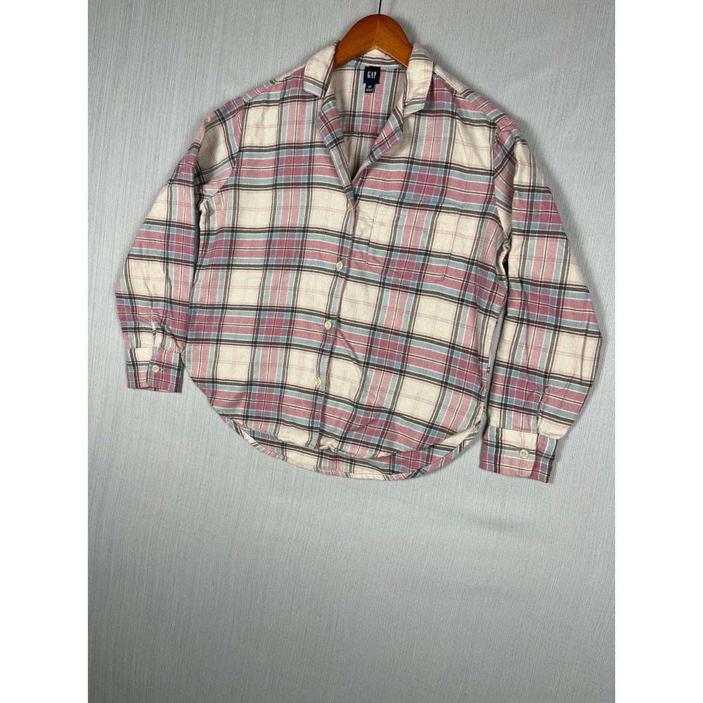 Gap Flannel Shirt Women XS Blue Pink Plaid Button Down Long Sleeve Cotton Rayon